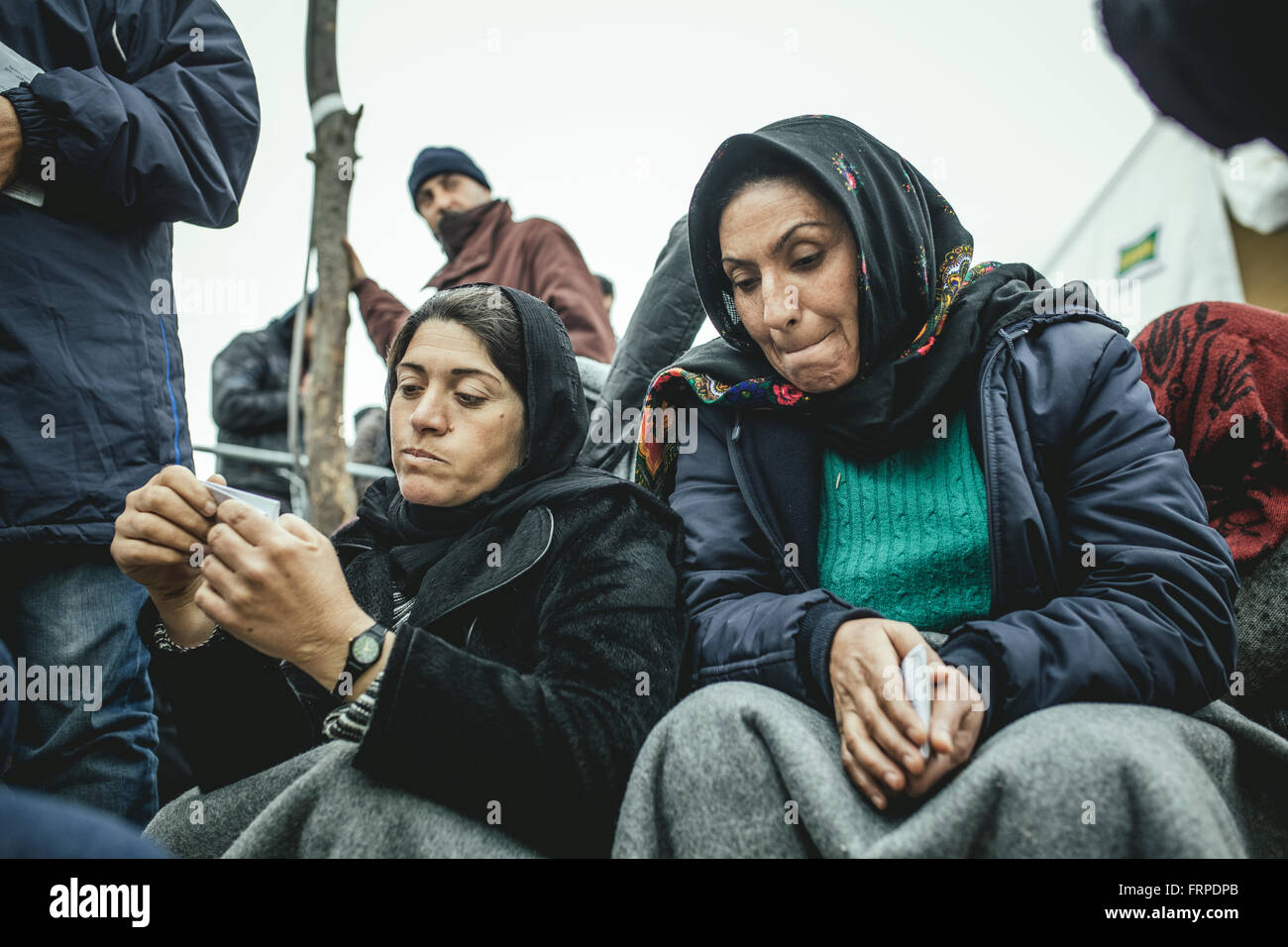 Idomeni refugee camp on Greek Macedonia border, refugees waiting at the checkpoint, Idomeni, Central Macedonia, Greece Stock Photo