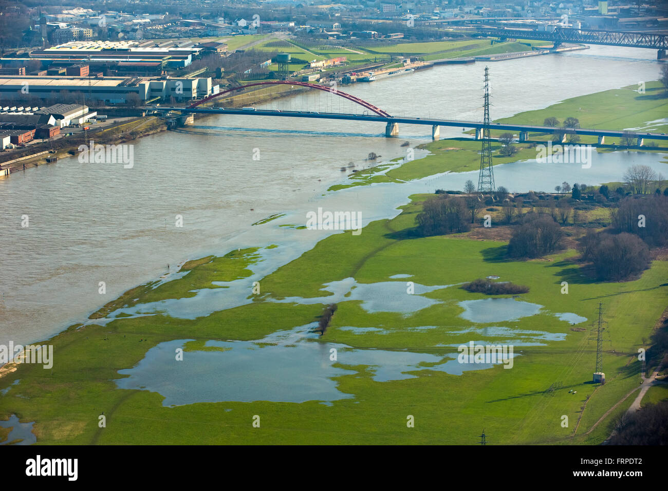 Aerial view, floodplains during high water, Duisburg, Lower Rhine, North Rhine-Westphalia, Germany Stock Photo