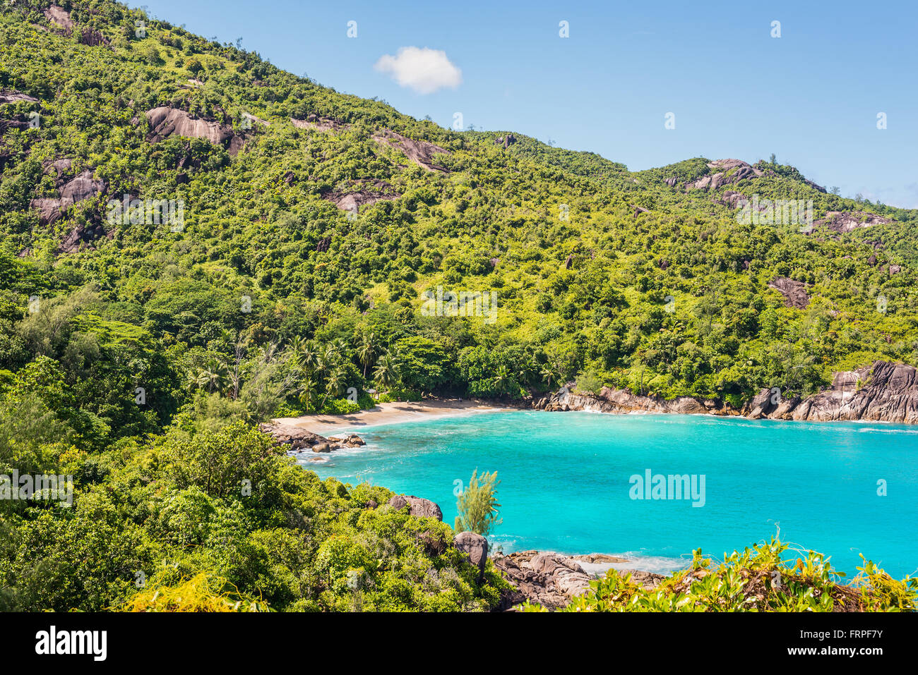 Anse Mayor is a wonderful hard-to-reach beach on the North-West side of Mahe Island near the town of Bel Ombre, Seychelles. Stock Photo