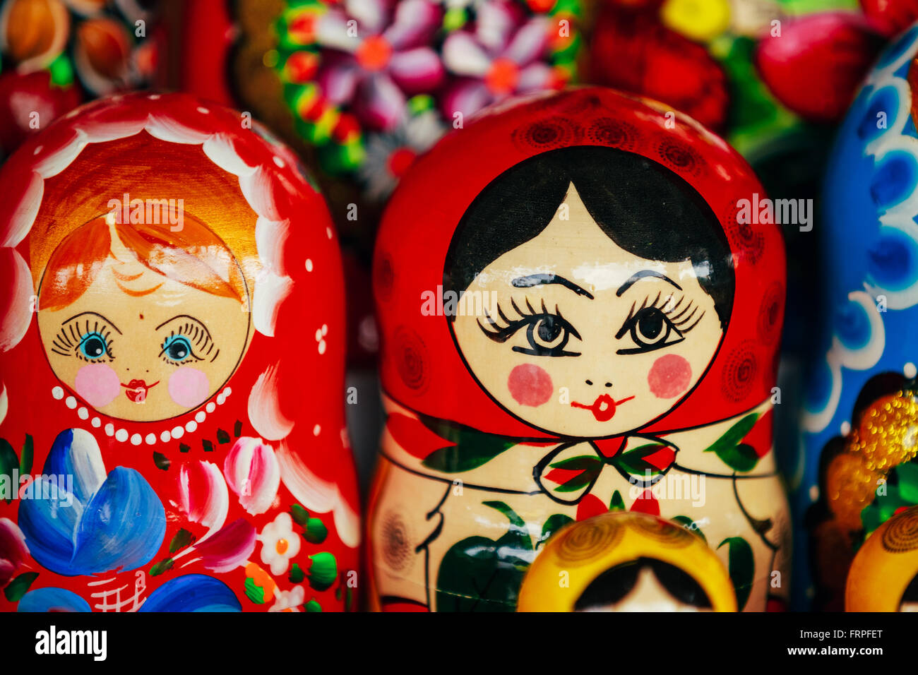 Colorful Russian Nesting Dolls Matreshka At Market. Matrioshka Stock Photo