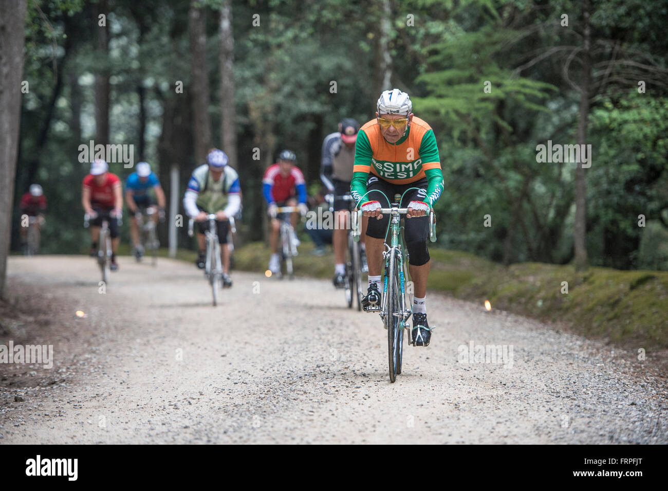 Eroica is a cycling event that takes place since 1997 in the province of Siena with routes that take place mostly on dirt roads with vintage bicycles. Stock Photo