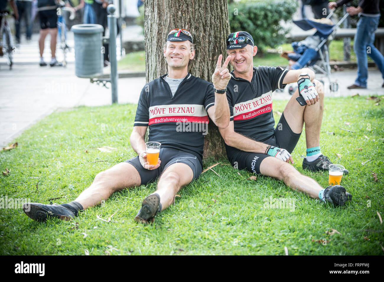 Relaxing moment after the race. Eroica is a cycling event that takes place since 1997 in the province of Siena with routes that take place mostly on dirt roads with vintage bicycles. Usually it held on the first Sunday of October. Stock Photo