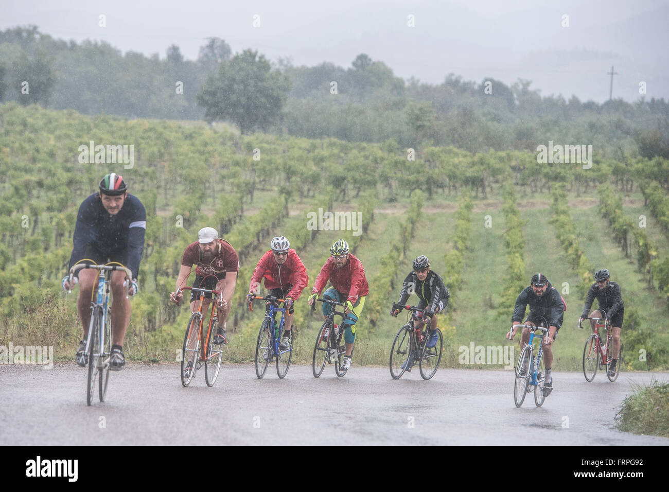 Eroica is a cycling event that takes place since 1997 in the province of Siena with routes that take place mostly on dirt roads with vintage bicycles. Stock Photo