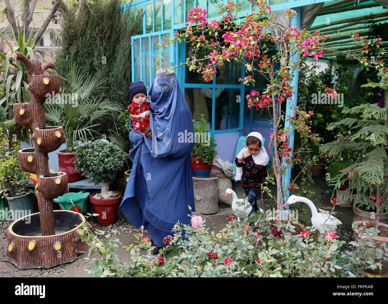 Kabul, Afghanistan. 23rd Mar, 2016. Afghan shoppers visit a flower shop in Kabul, capital of Afghanistan, on March 23, 2016. Afghans celebrated Nawroz or New Year Day on March 20. They also plant saplings and flowers during Nawroz which marks the first day of spring in the Asian country. © Rahmat Alizadah/Xinhua/Alamy Live News Stock Photo