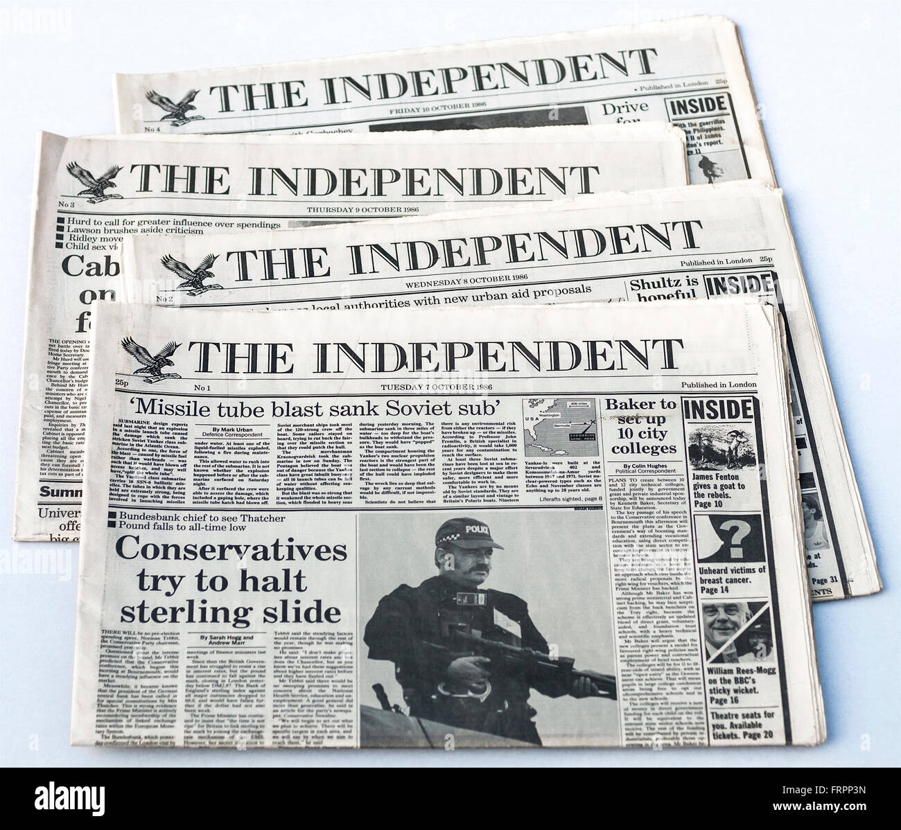 Upper front pages of Issues #1-4 'The Independent' UK national newspaper launched Tuesday 7th October 1986 - 'The Independent' is ceasing in print form on Saturday 26th March 2016 after close to 30 years publication. Credit:  Ed Buziak/Alamy Live News Stock Photo