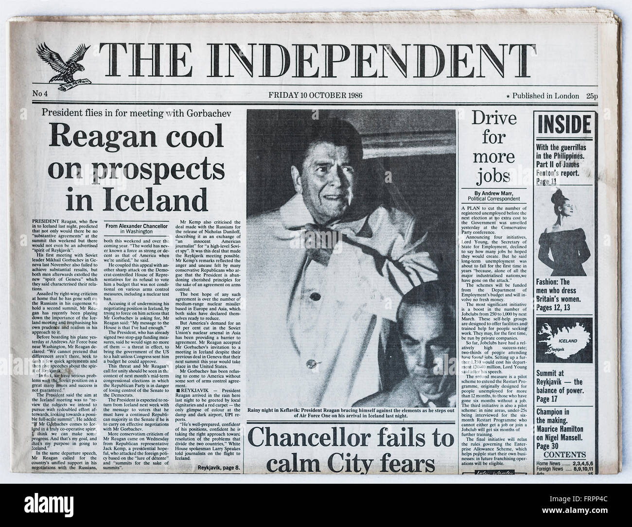 Upper front page Issue #4 'The Independent' UK national newspaper printed Friday 10th October 1986 - 'The Independent' is ceasing in print form on Saturday 26th March 2016 after close to 30 years publication. Credit:  Ed Buziak/Alamy Live News Stock Photo
