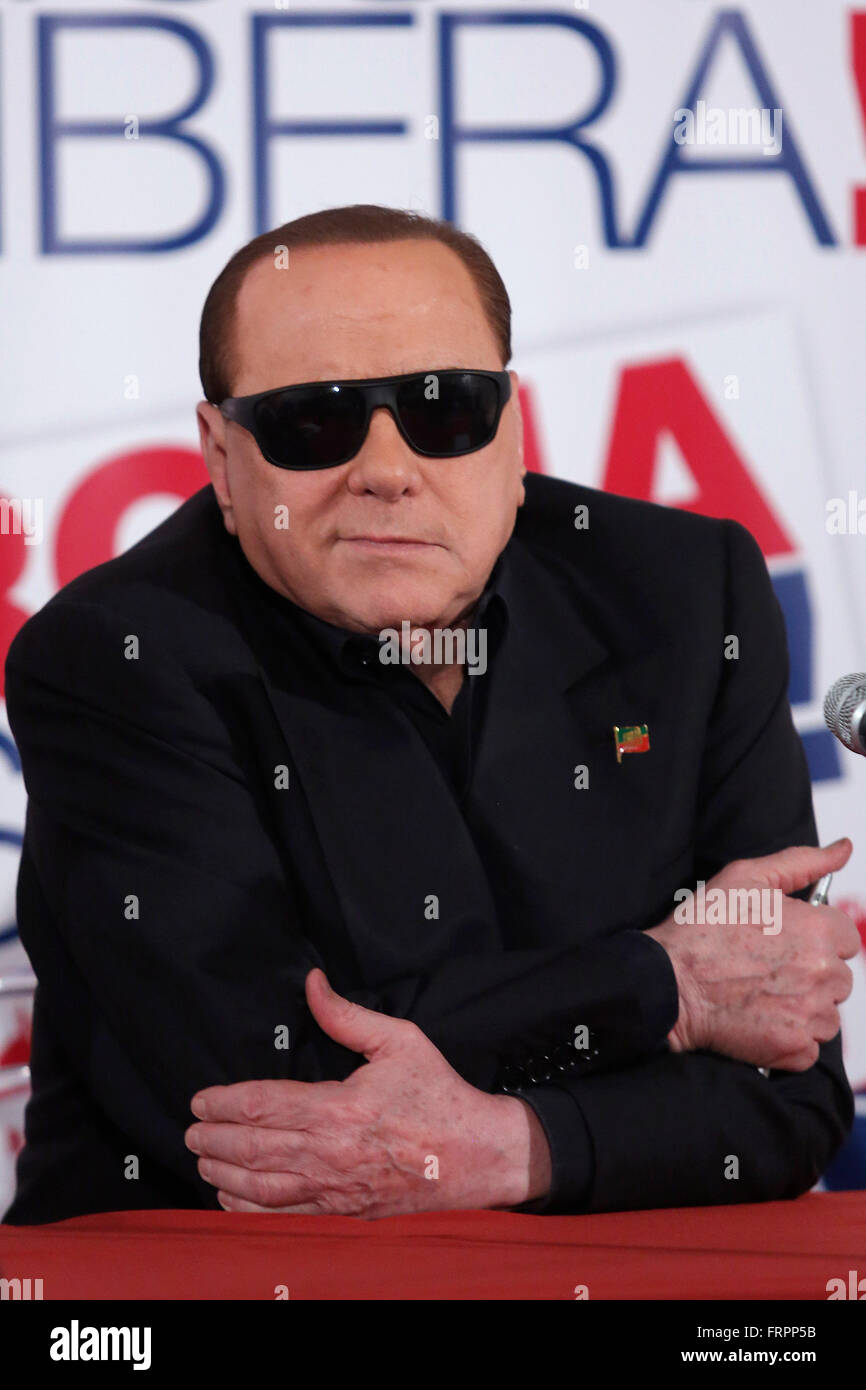 Rome, Italy. 23rd March, 2016. Silvio Berlusconi wearing sunglasses due to  an operation Rome 23rd March 2016. The ex italian Premier visits the  headquarter of Forza Italia for the next elections in