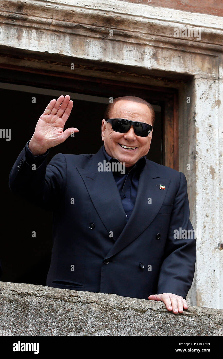 Rome, Italy. 23rd March, 2016. Silvio Berlusconi wearing sunglasses due to  an operation Rome 23rd March 2016. The ex italian Premier visits the  headquarter of Forza Italia for the next elections in