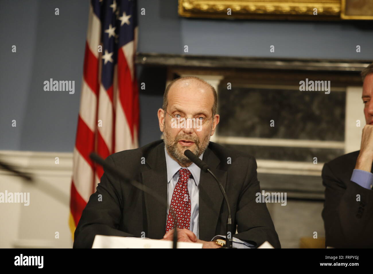 New York City, United States. 23rd Mar, 2016. Commissioner for NYC Human Resources, Steve Banks, speaks. Mayor de Blasio joined with members of his administration, the city council & healthcare professionals to discuss the need for funding for housing on behalf of victims of domestic violence Credit:  Andy Katz/Pacific Press/Alamy Live News Stock Photo