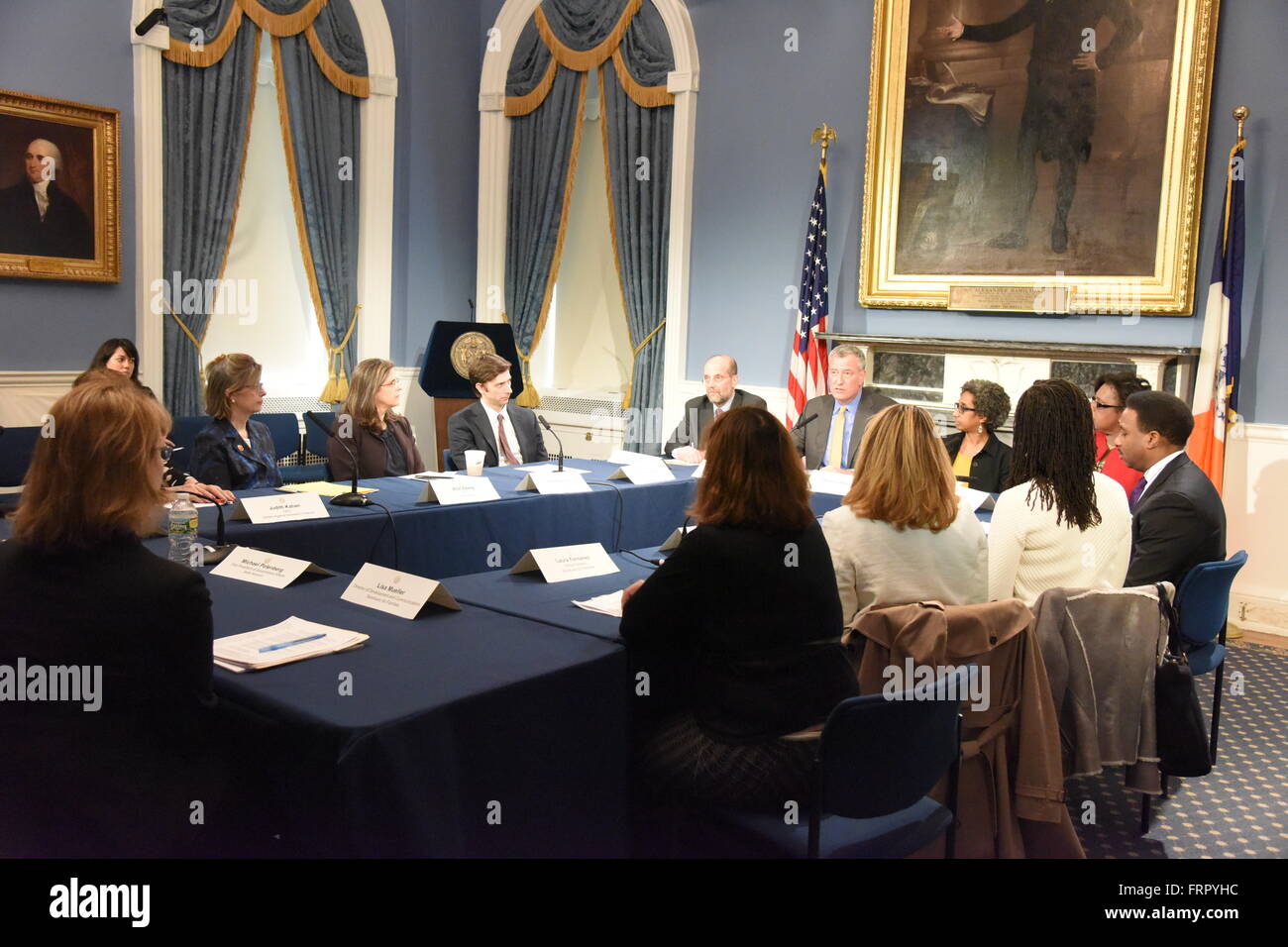 New York City, United States. 23rd Mar, 2016. Round table participants in city hall blue room. Mayor de Blasio joined with members of his administration, the city council & healthcare professionals to discuss the need for funding for housing on behalf of victims of domestic violence Credit:  Andy Katz/Pacific Press/Alamy Live News Stock Photo