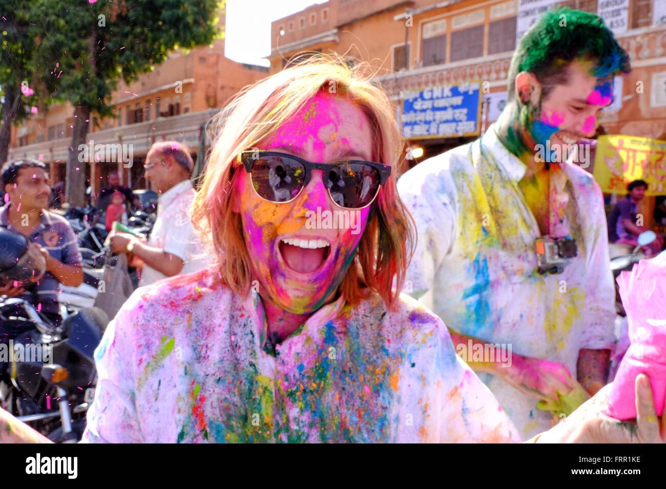 Jaipur, India. 24th March, 2016. Local families and tourists alike celebrate Holi Festival, also known as 'The Festival of Colours' in Jaipur. The ancient Hindu religious festival has become popular with non-Hindus in many parts of South Asia. Credit:  Tom Corban/Alamy Live News Stock Photo