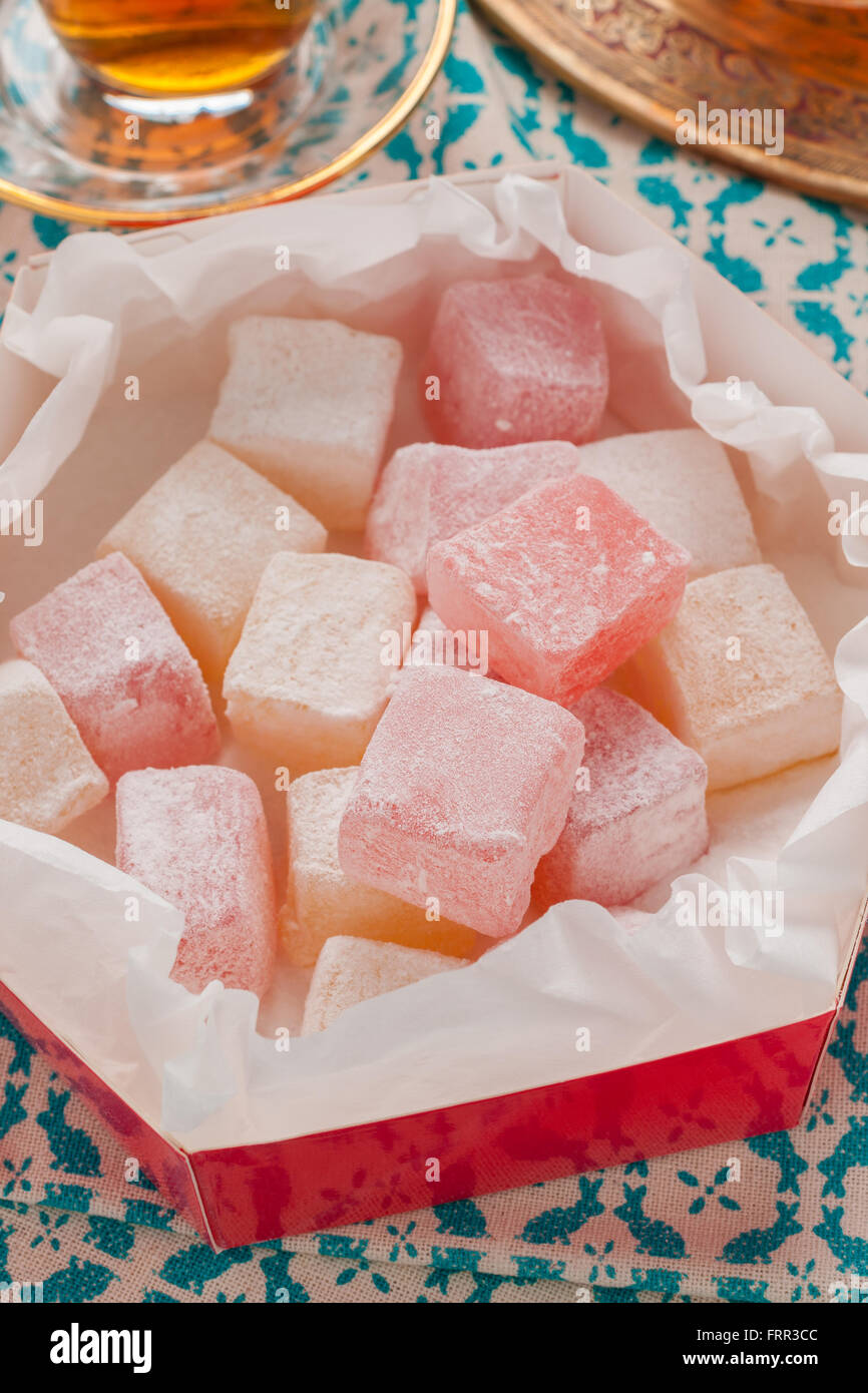 Rose and lemon flavour Turkish delight or rahat lokum a Middle Eastern confection Stock Photo
