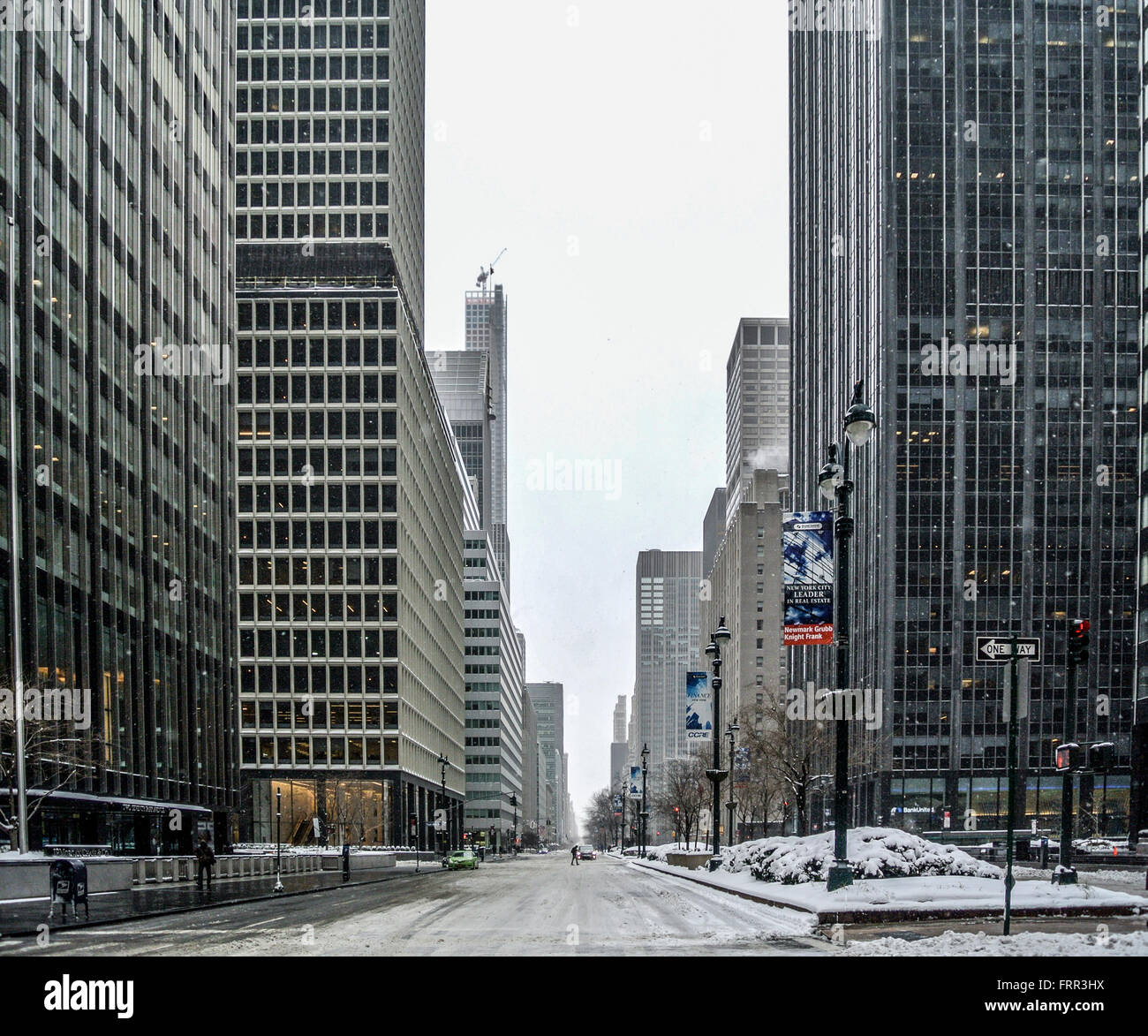 New York City street in winter with snow, USA. Stock Photo