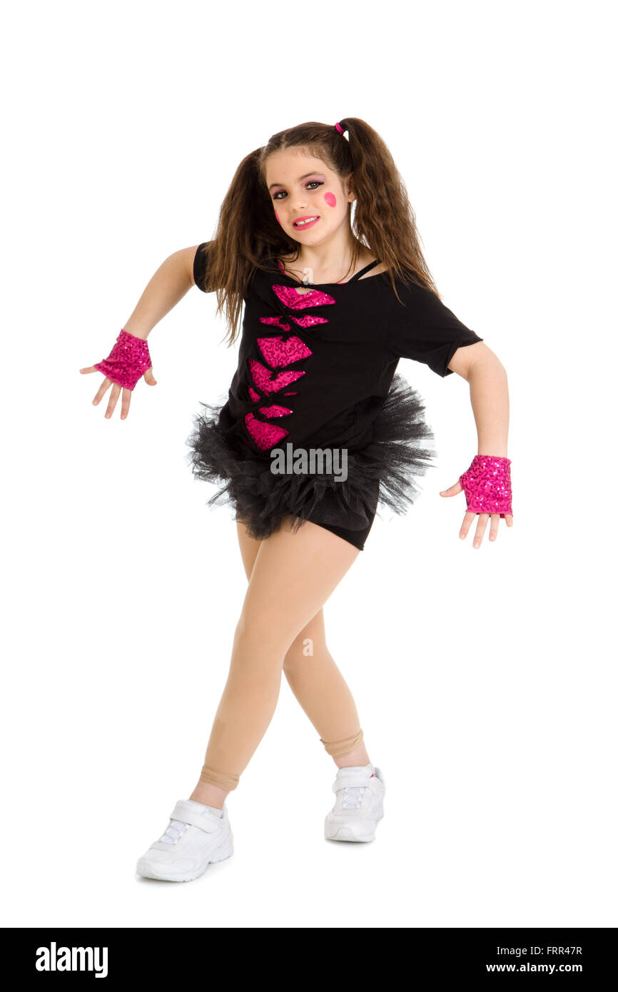 A Hip Hop Girl in Pigtails and Recital Costume Stock Photo