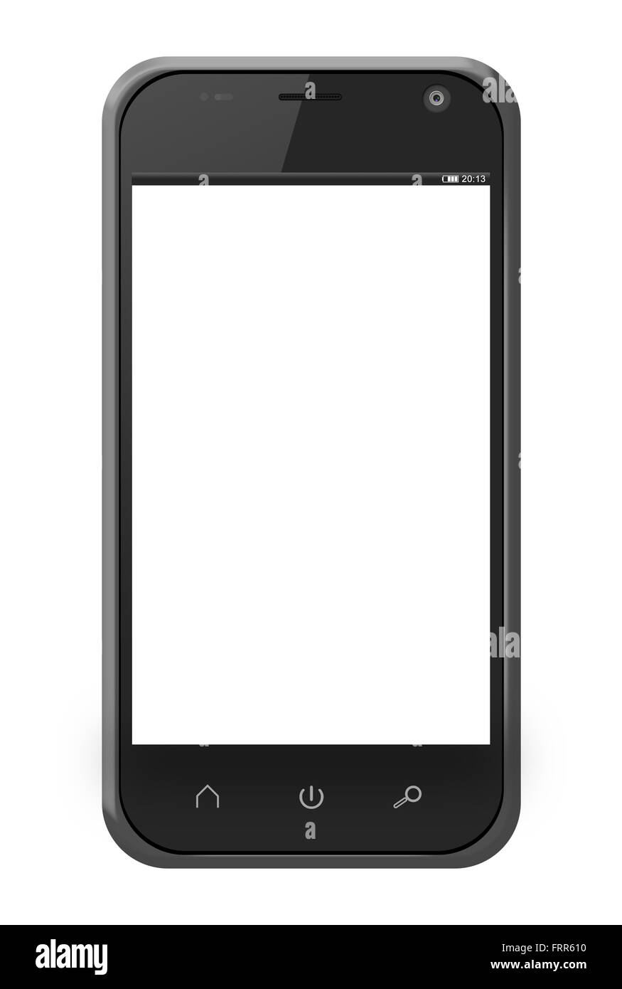 Realistic mobile phone with blank screen isolated on white background. Iphone-style gadget. Stock Photo