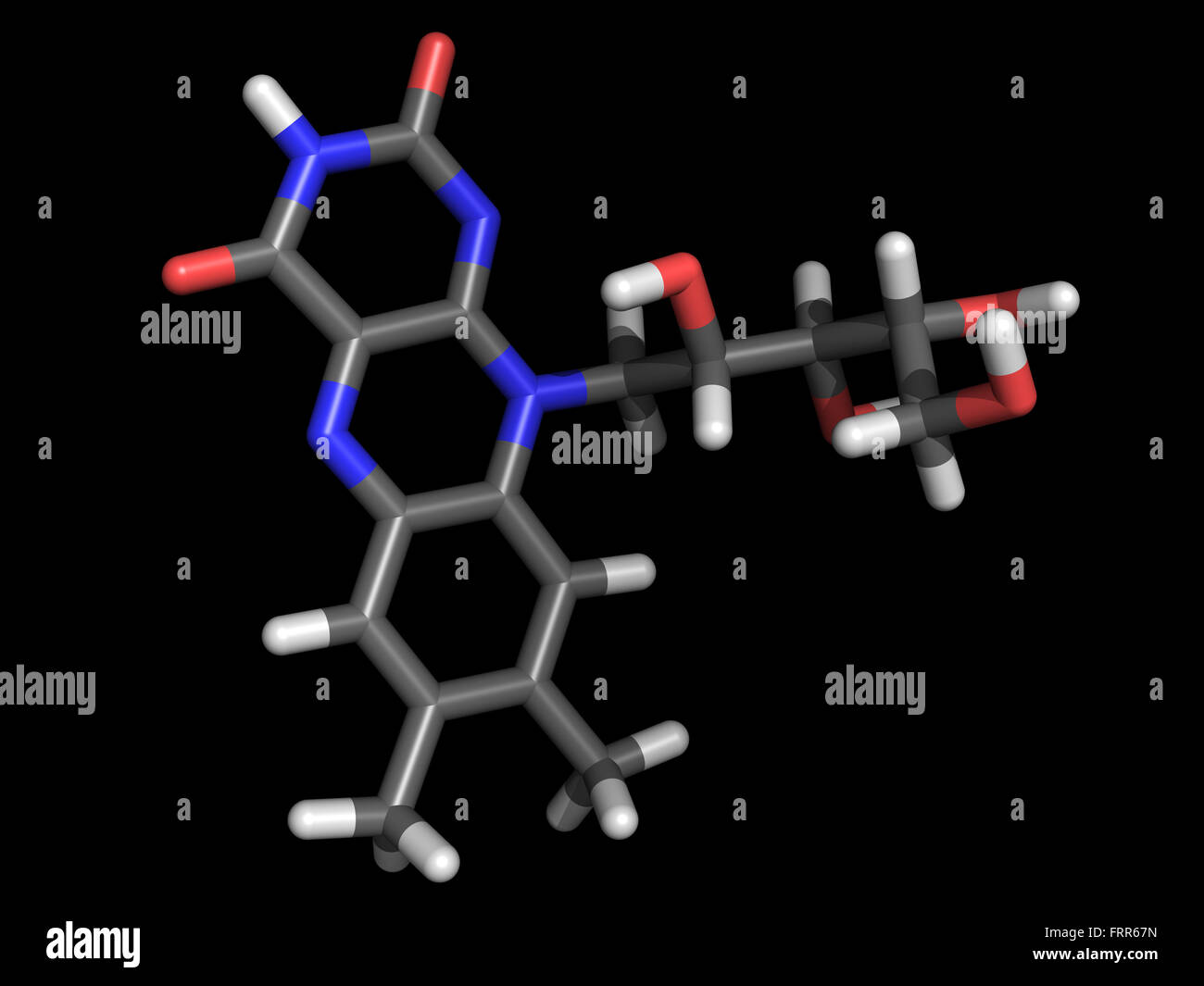 Stick representation of a vitamin b2 molecule also called riboflavin and as an addtive called e101 Stock Photo