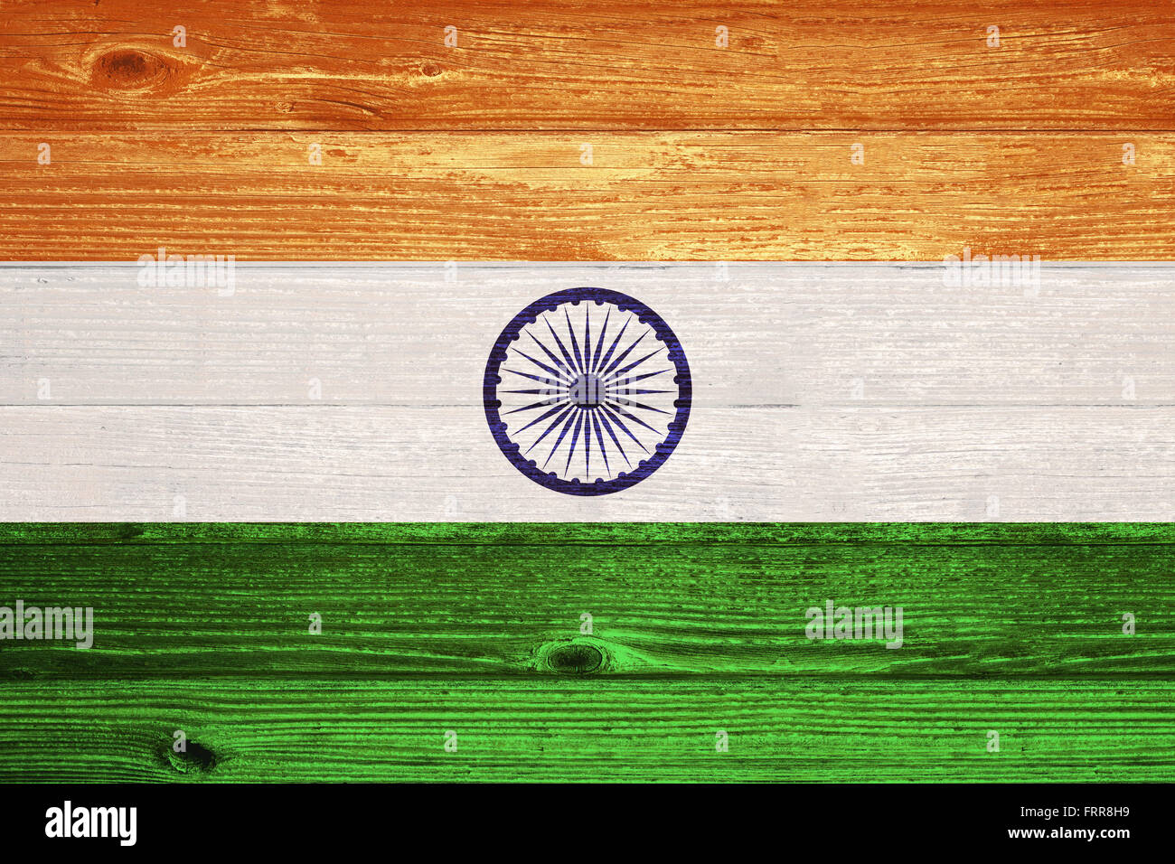 India Flag painted on old wood plank background Stock Photo