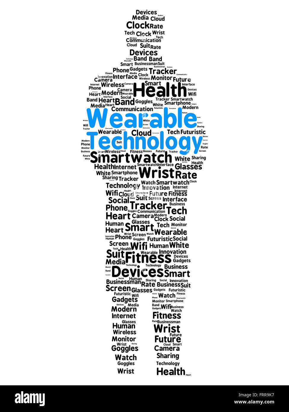 Wearable Technology Word Cloud In The Shape Of A Man With Keywords Associated With The Concept Stock Photo Alamy