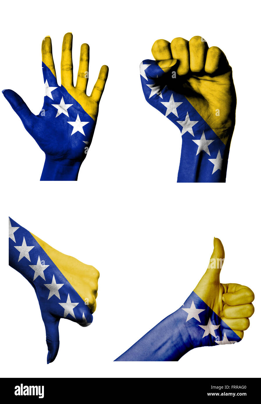 hands with multiple gestures (open palm, closed fist, thumbs up and down) with Bosnia and Herzegovina flag painted isolated on w Stock Photo