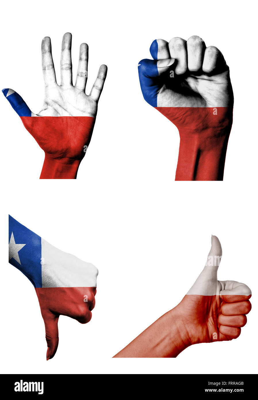 hands with multiple gestures (open palm, closed fist, thumbs up and down) with Chile flag painted isolated on white Stock Photo