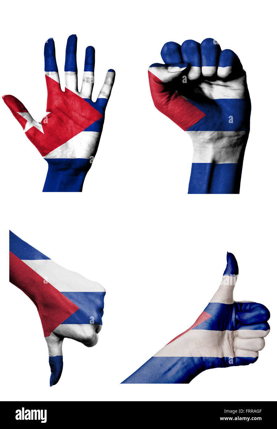 hands with multiple gestures (open palm, closed fist, thumbs up and down) with Cuba flag painted isolated on white Stock Photo