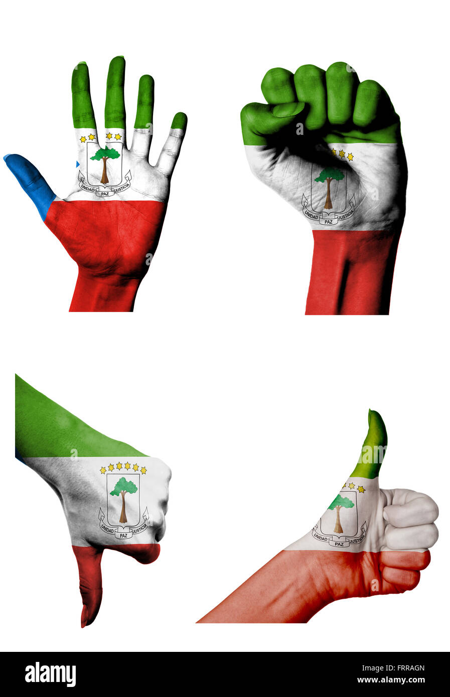 hands with multiple gestures (open palm, closed fist, thumbs up and down) with Equatorial guinea flag painted isolated on white Stock Photo