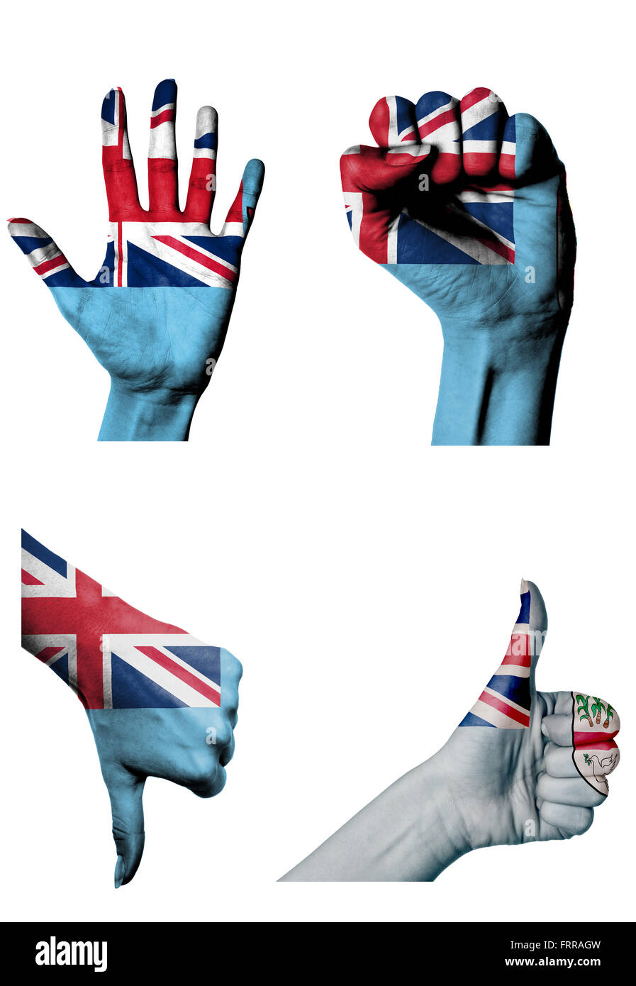 hands with multiple gestures (open palm, closed fist, thumbs up and down) with Fiji flag painted isolated on white Stock Photo