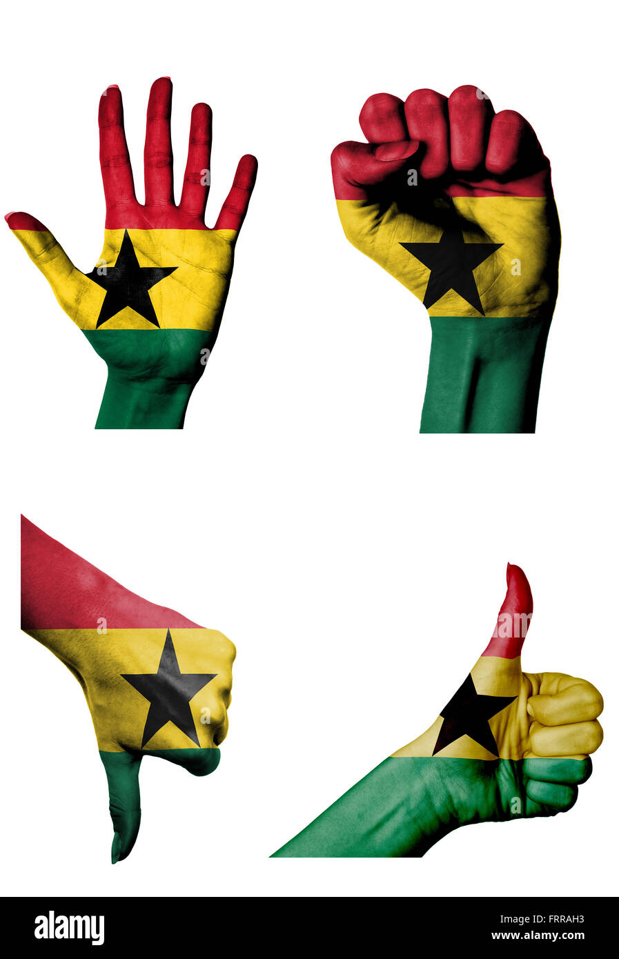 hands with multiple gestures (open palm, closed fist, thumbs up and down) with Ghana flag painted isolated on white Stock Photo