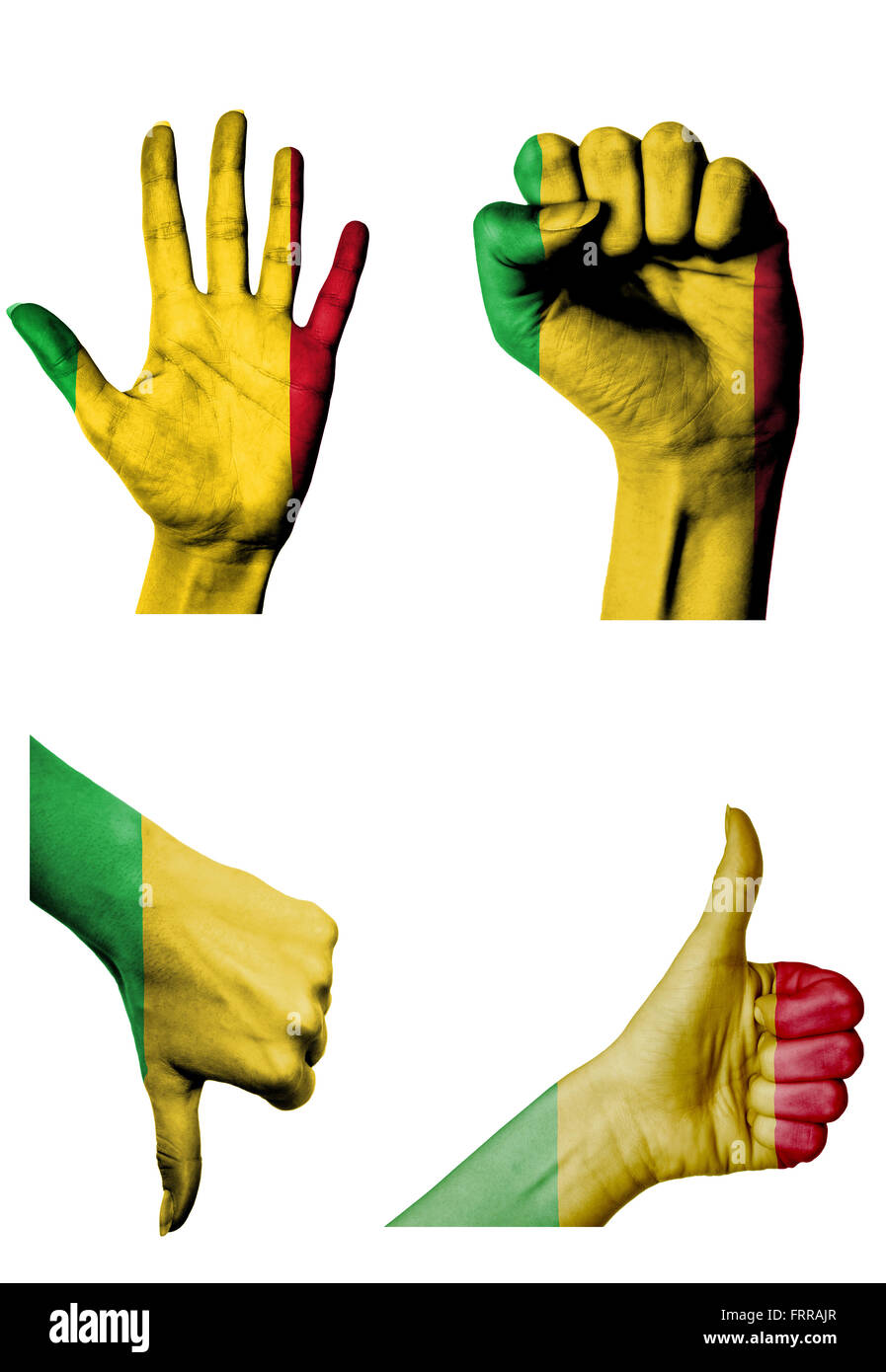 hands with multiple gestures (open palm, closed fist, thumbs up and down) with Mali flag painted isolated on white Stock Photo