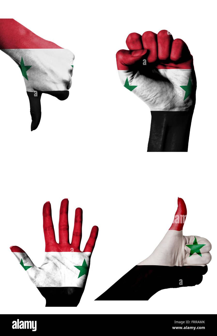 hands with multiple gestures (open palm, closed fist, thumbs up and down) with Syria flag painted isolated on white Stock Photo