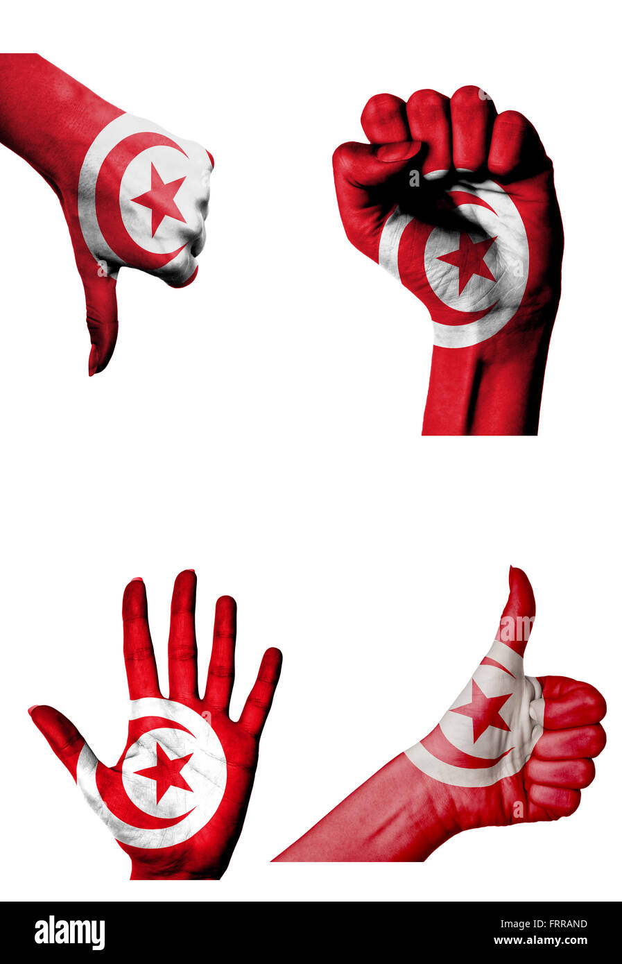 hands with multiple gestures (open palm, closed fist, thumbs up and down) with Tunisia flag painted isolated on white Stock Photo