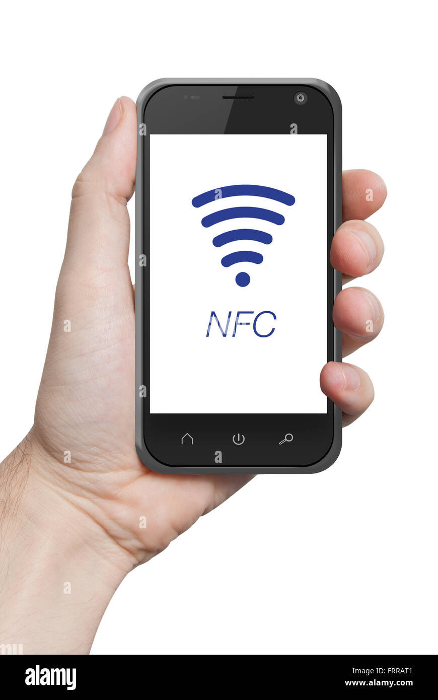NFC near field communication hand holding smartphone Stock Photo - Alamy