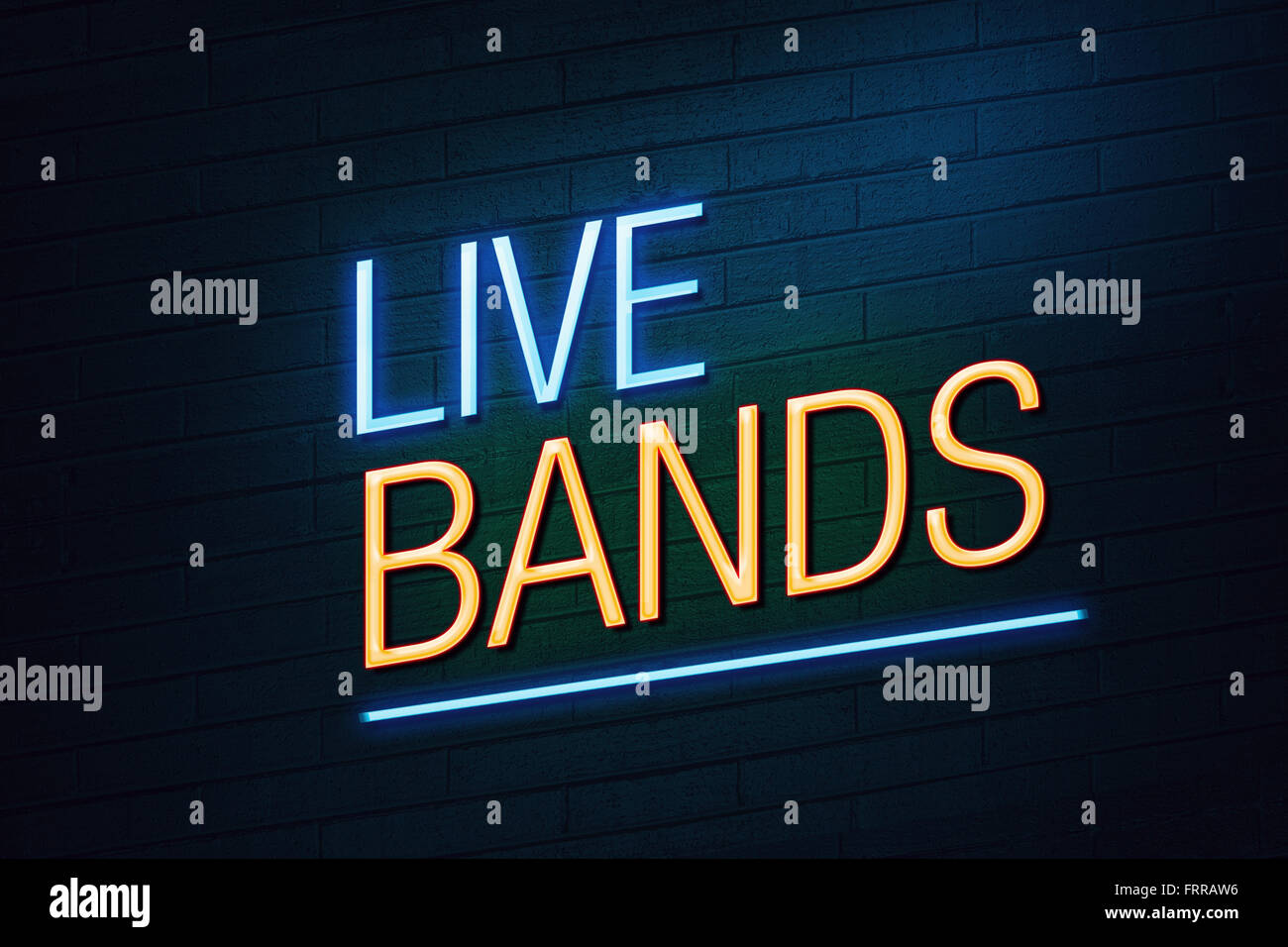 Blue and orange neon sign with live bands text on wall club concept
