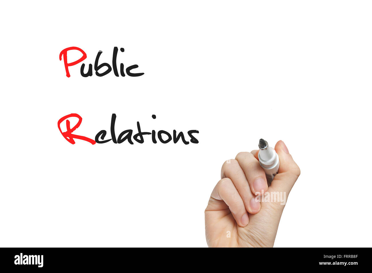 Hand writing public relations on a white board Stock Photo