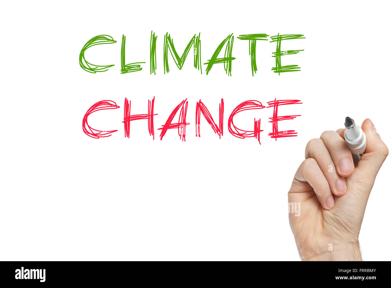 Hand writing climate change on a white board Stock Photo