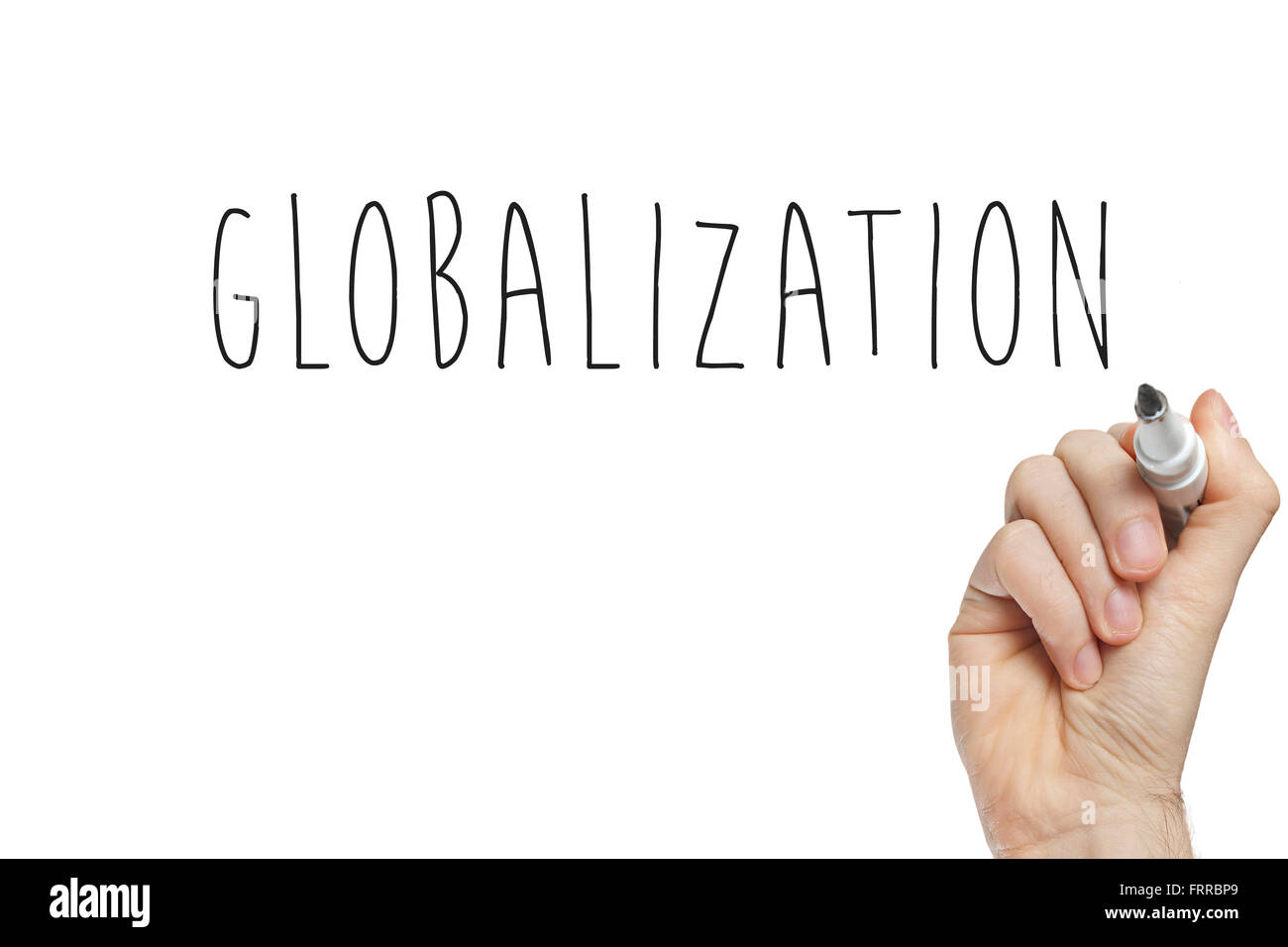 Hand writing globalization on a white board Stock Photo