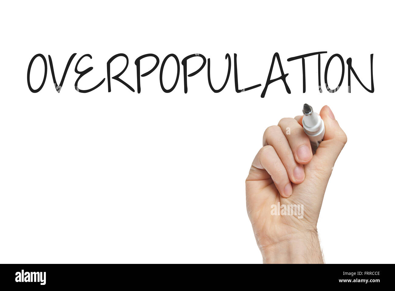 Hand writing overpopulation on a white board Stock Photo