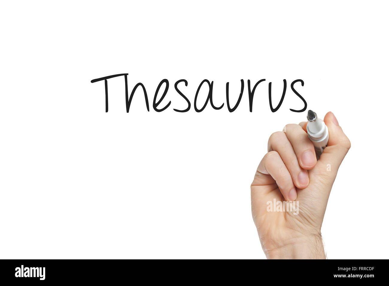 Hand writing thesaurus on a white board Stock Photo