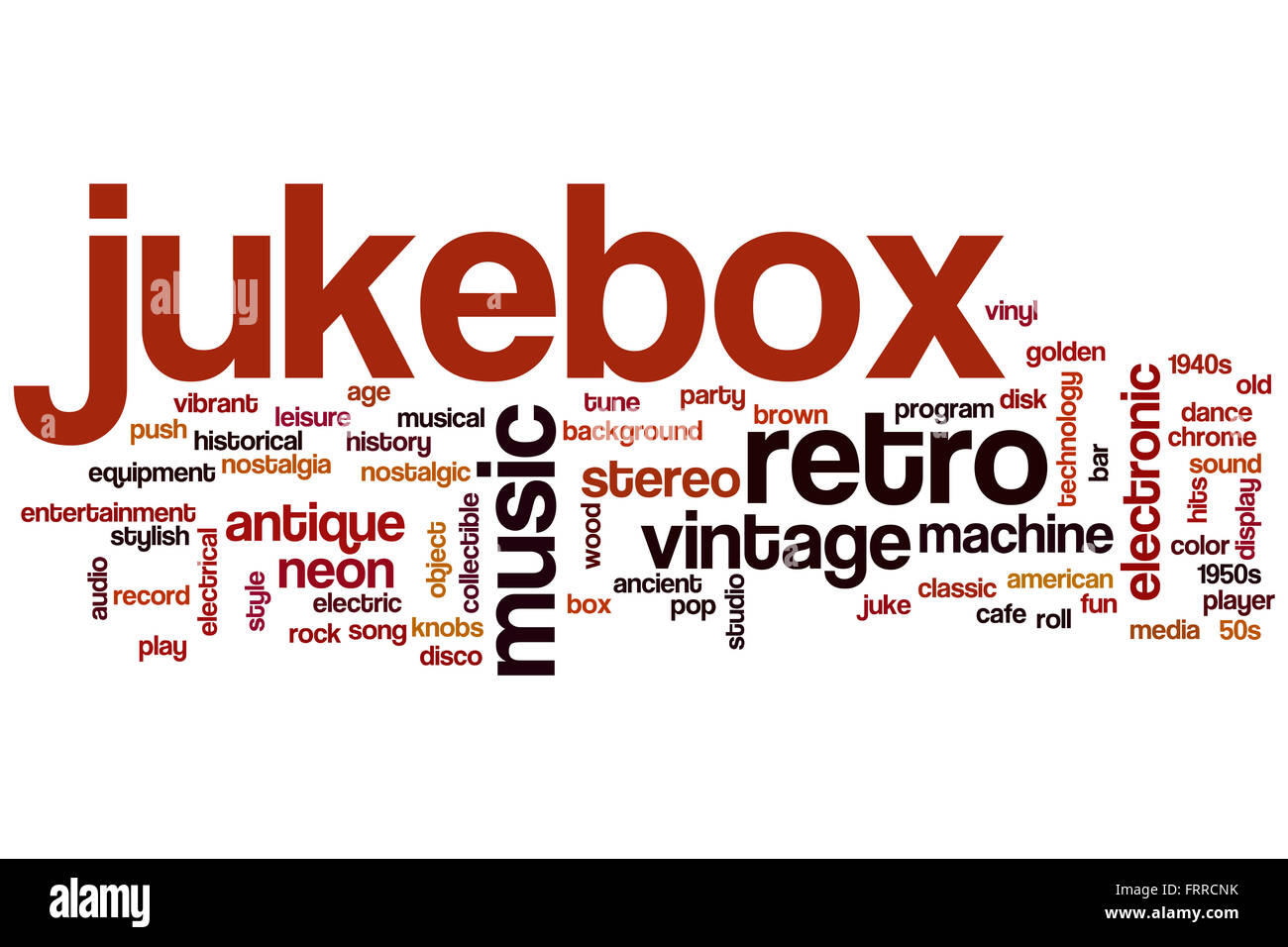 Jukebox word cloud concept with retro music related tags Stock Photo