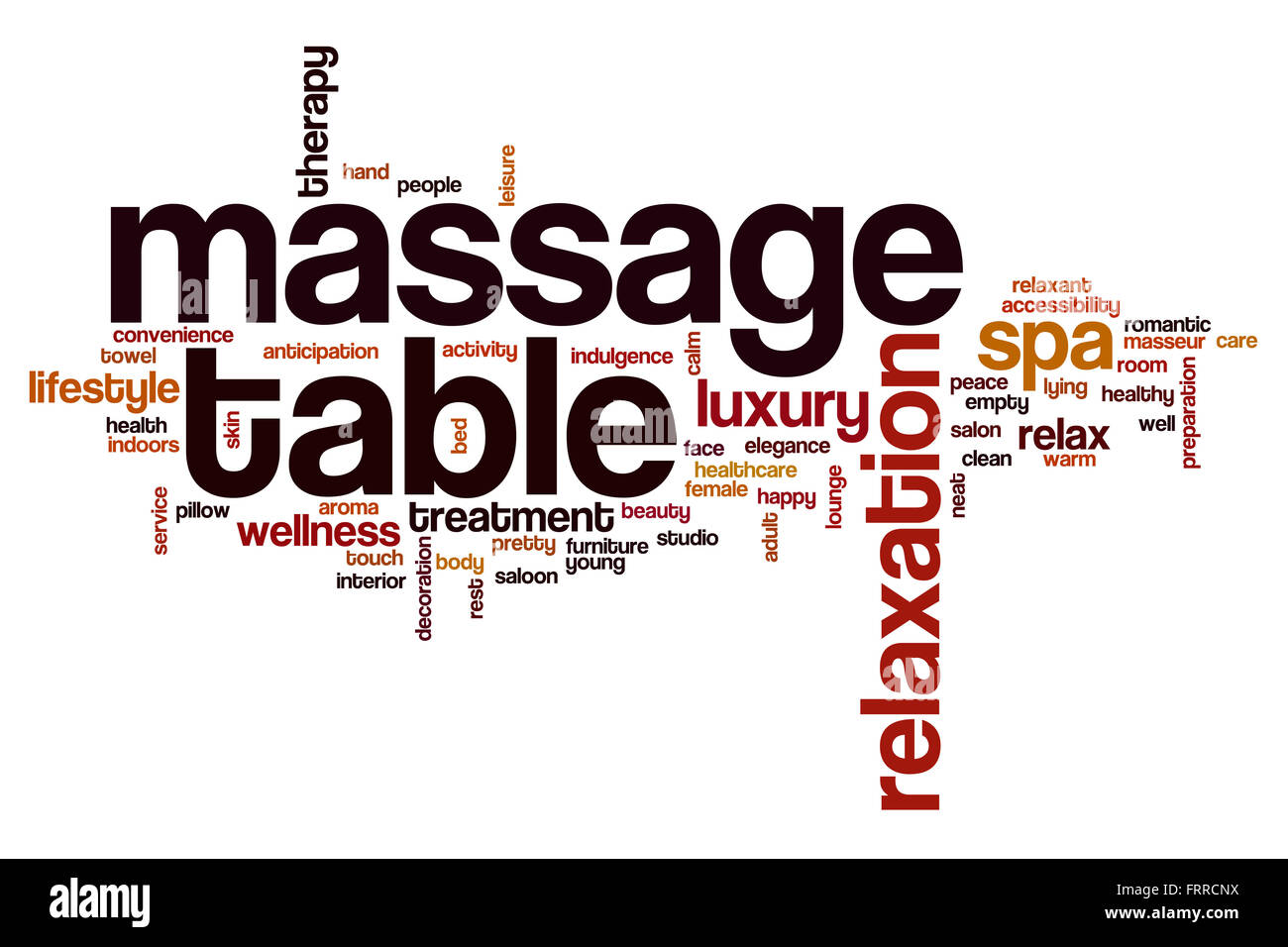 Massage table word cloud concept with relaxation luxury related tags Stock Photo