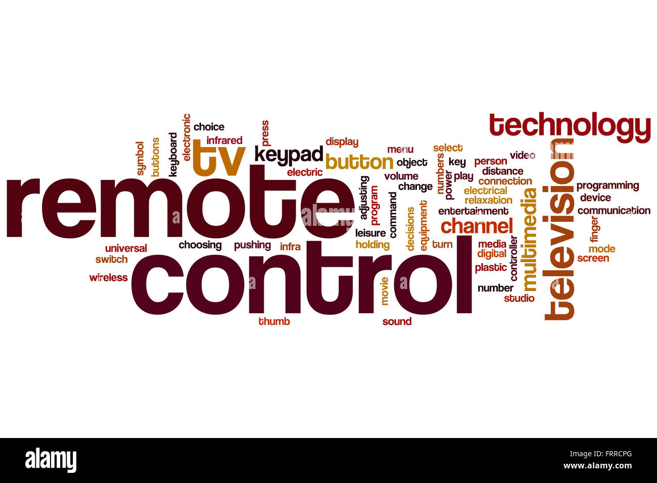 Remote control word cloud concept with tv button related tags Stock