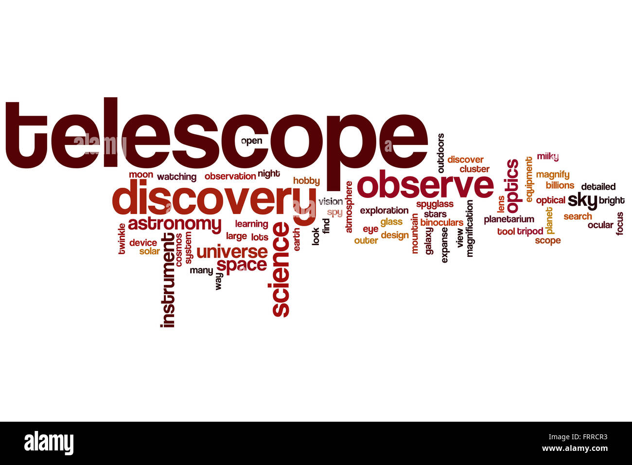 Telescope word cloud concept with science astronomy related tags Stock