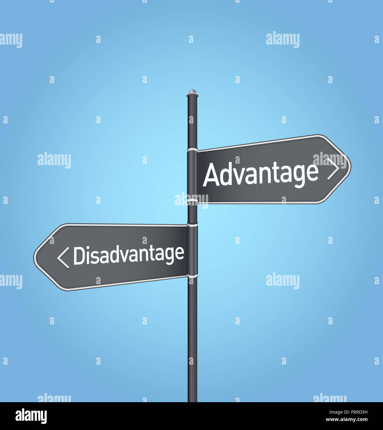 Advantage vs disadvantage choice concept road sign on blue background Stock Photo