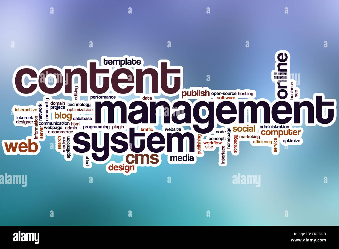 Content management system word cloud concept with abstract background Stock Photo