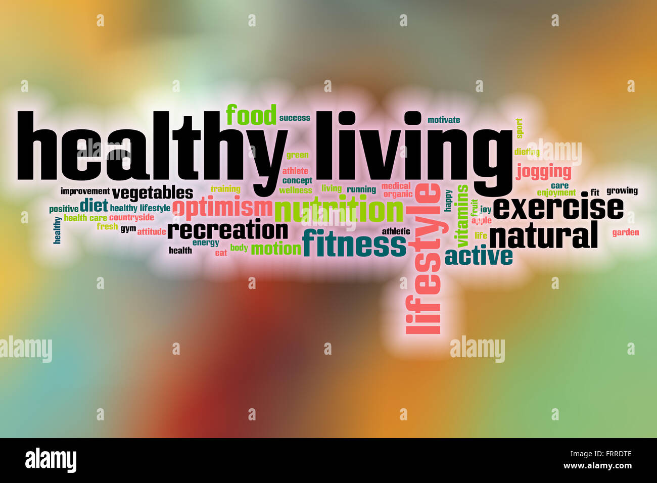 Healthy living word cloud concept with abstract background Stock Photo