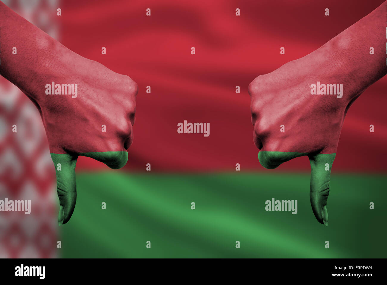 failure of Belarus - hands gesturing thumbs down in front of flag Stock ...