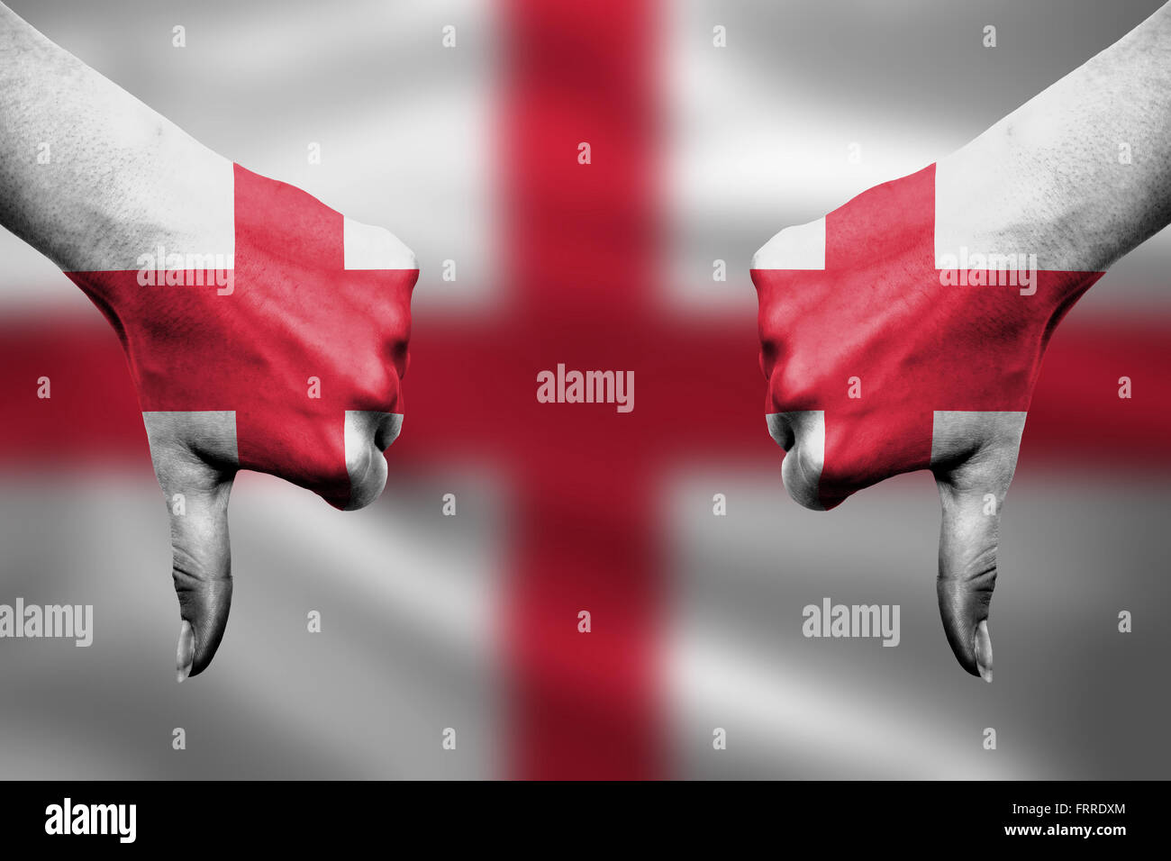 failure of Georgia - hands gesturing thumbs down in front of flag Stock ...