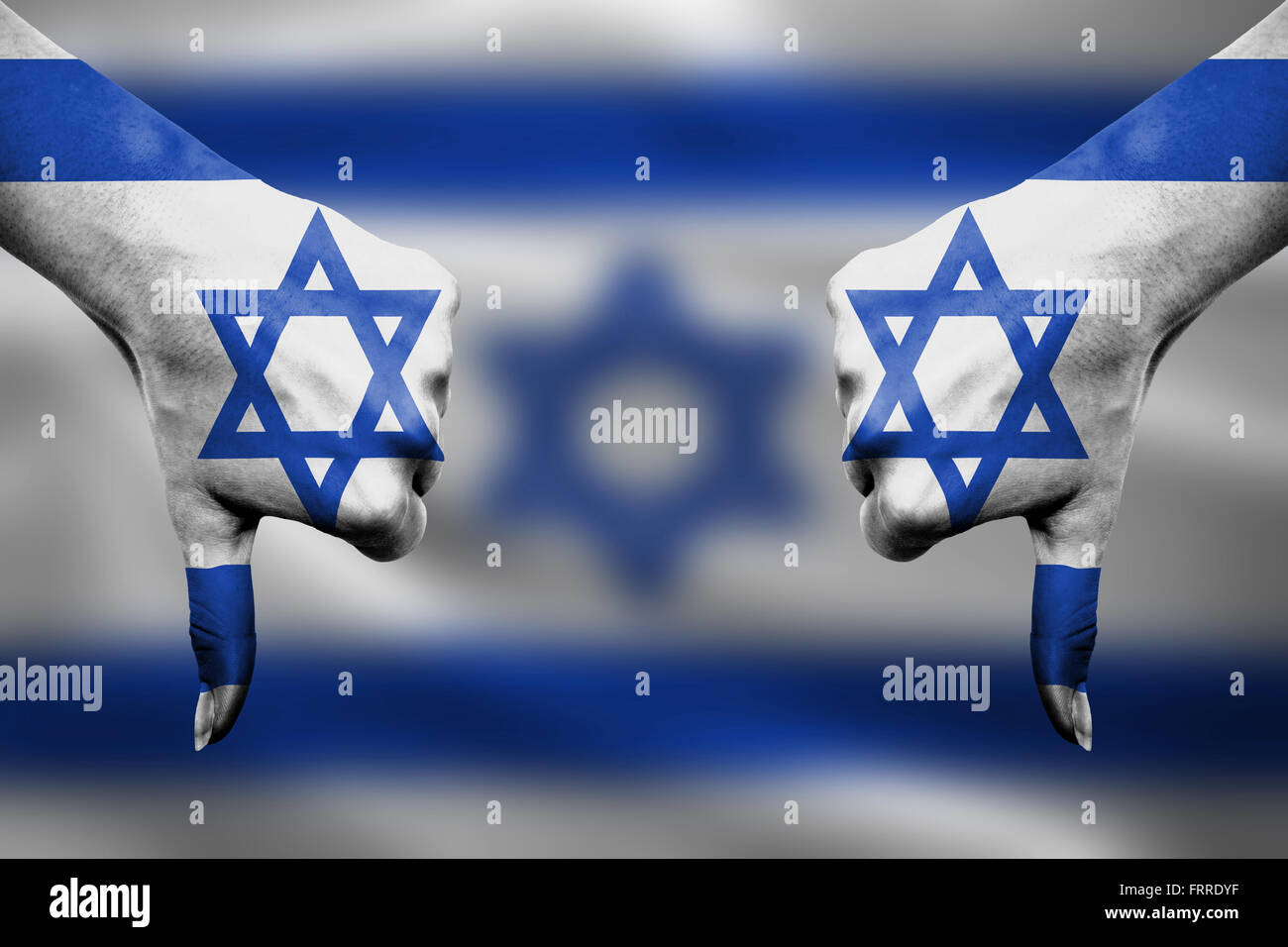 failure of Israel - hands gesturing thumbs down in front of flag Stock ...