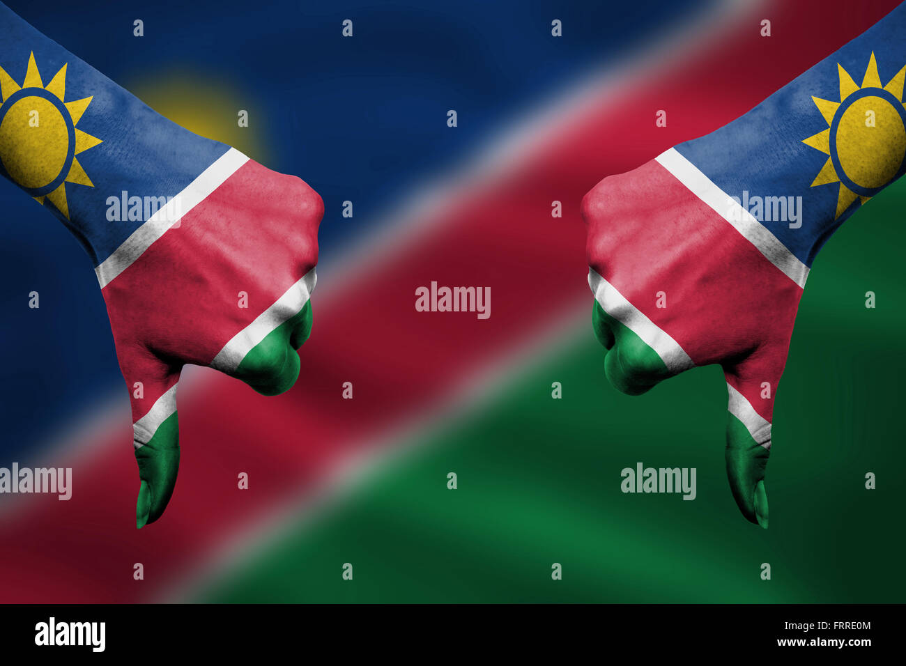 failure of Namibia - hands gesturing thumbs down in front of flag Stock ...