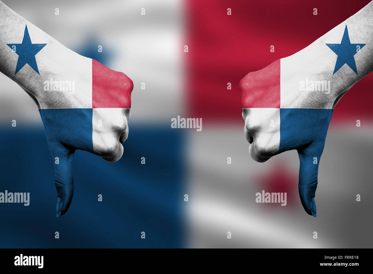 failure of Panama - hands gesturing thumbs down in front of flag Stock ...